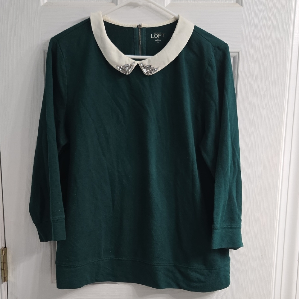 LOFT Teal Blouse with Cream Jeweled Collar Size XL
